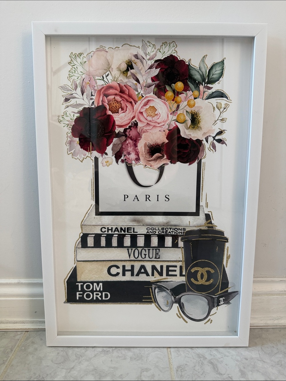 CHANEL Floral & Fashion Stack Wall Art in Pink, Burgundy, Black and Gold